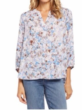 NYDJ High/Low Crepe Floral Split-Neck Blouse